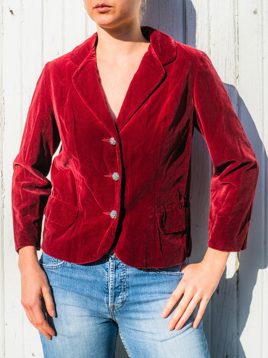Vintage 1950s Majestic Red Velvet Rhinestone Button Blazer | Small