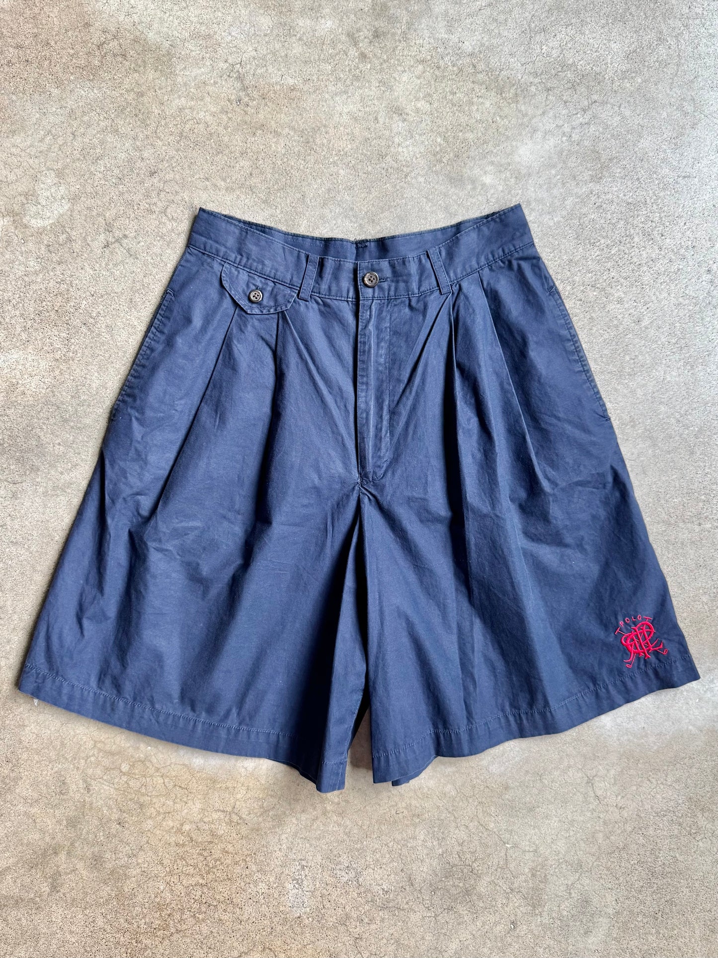 Vintage 1980s/90s Ralph Lauren Navy Cotton Pleated Shorts | Waist 28”