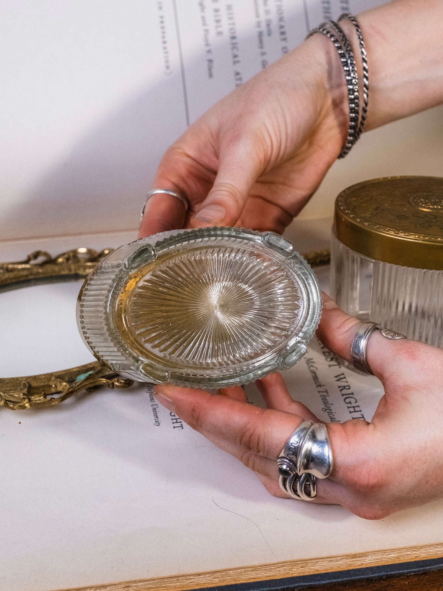 Vintage Art Deco Ribbed Glass Brass Top Vanity Jars & Hand Mirror Set