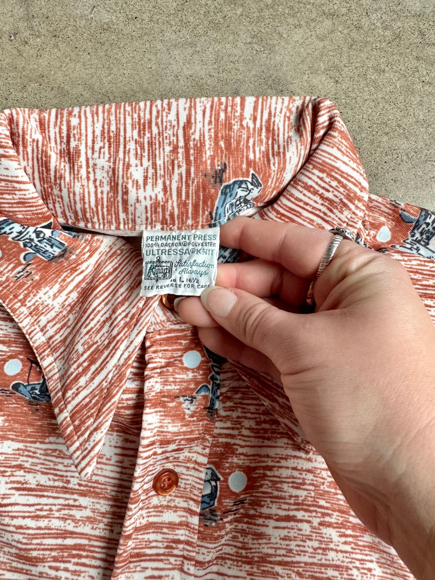 Vintage 1970s Kmart Japanese Torii Gate Printed Polyester Shirt | Large