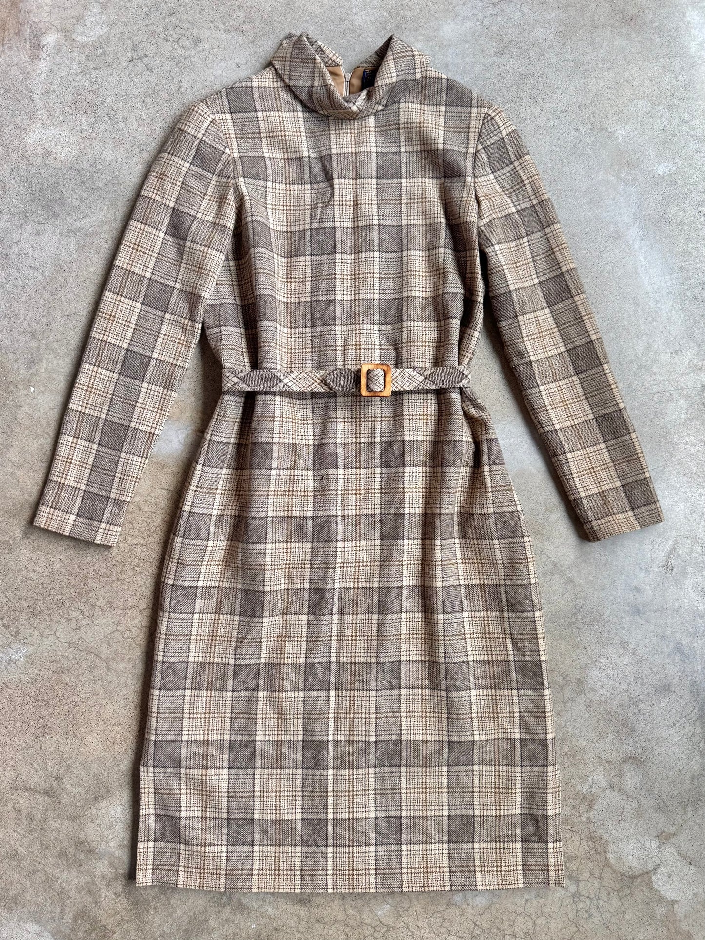 Vintage 1960s Pendleton Brown-Tone Plaid Wool High-Neck Belted Dress | Small