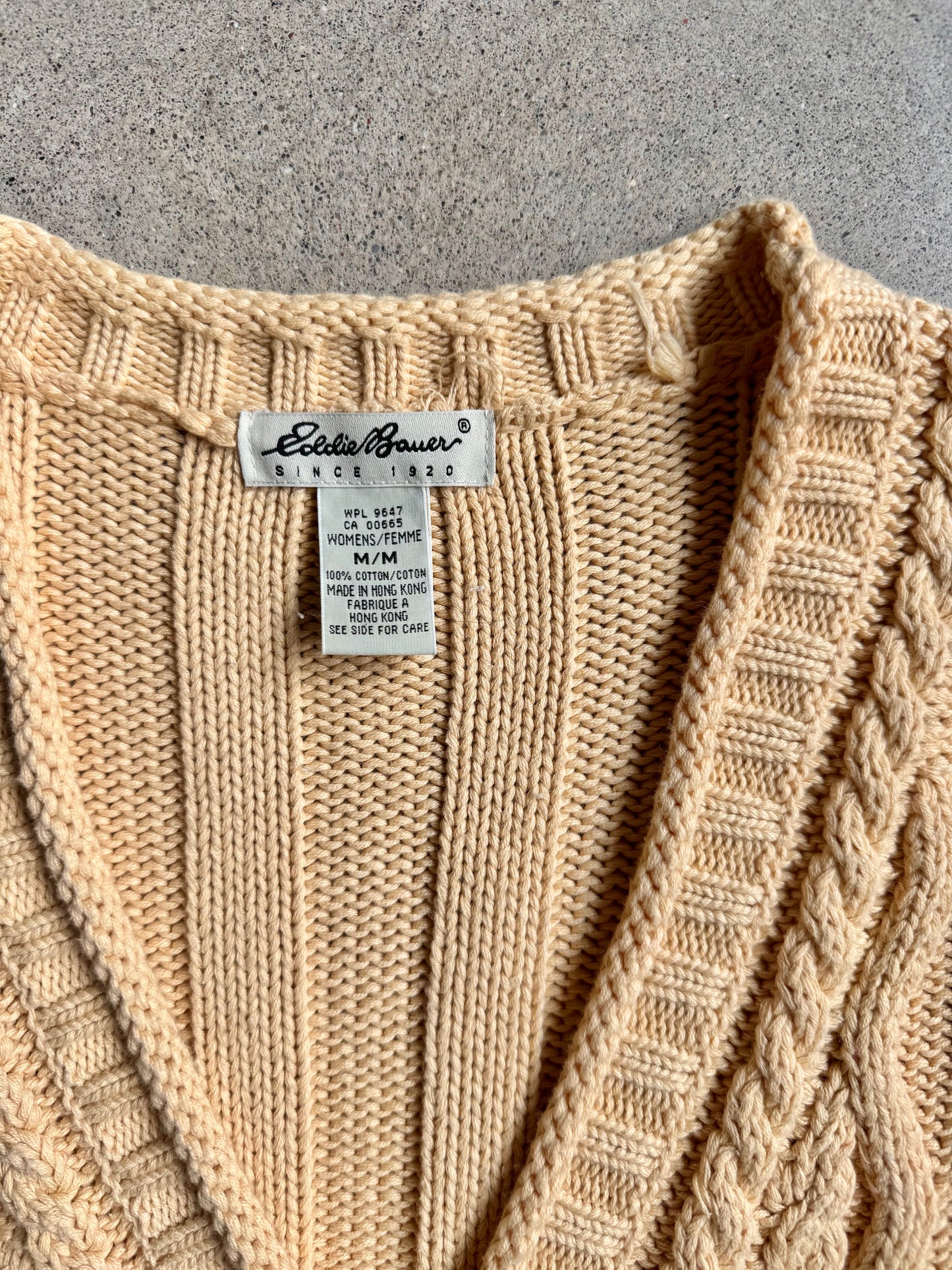 Vintage 1990s Eddie Bauer Yellow Cotton Cable-Knit Sweater Vest | Medium