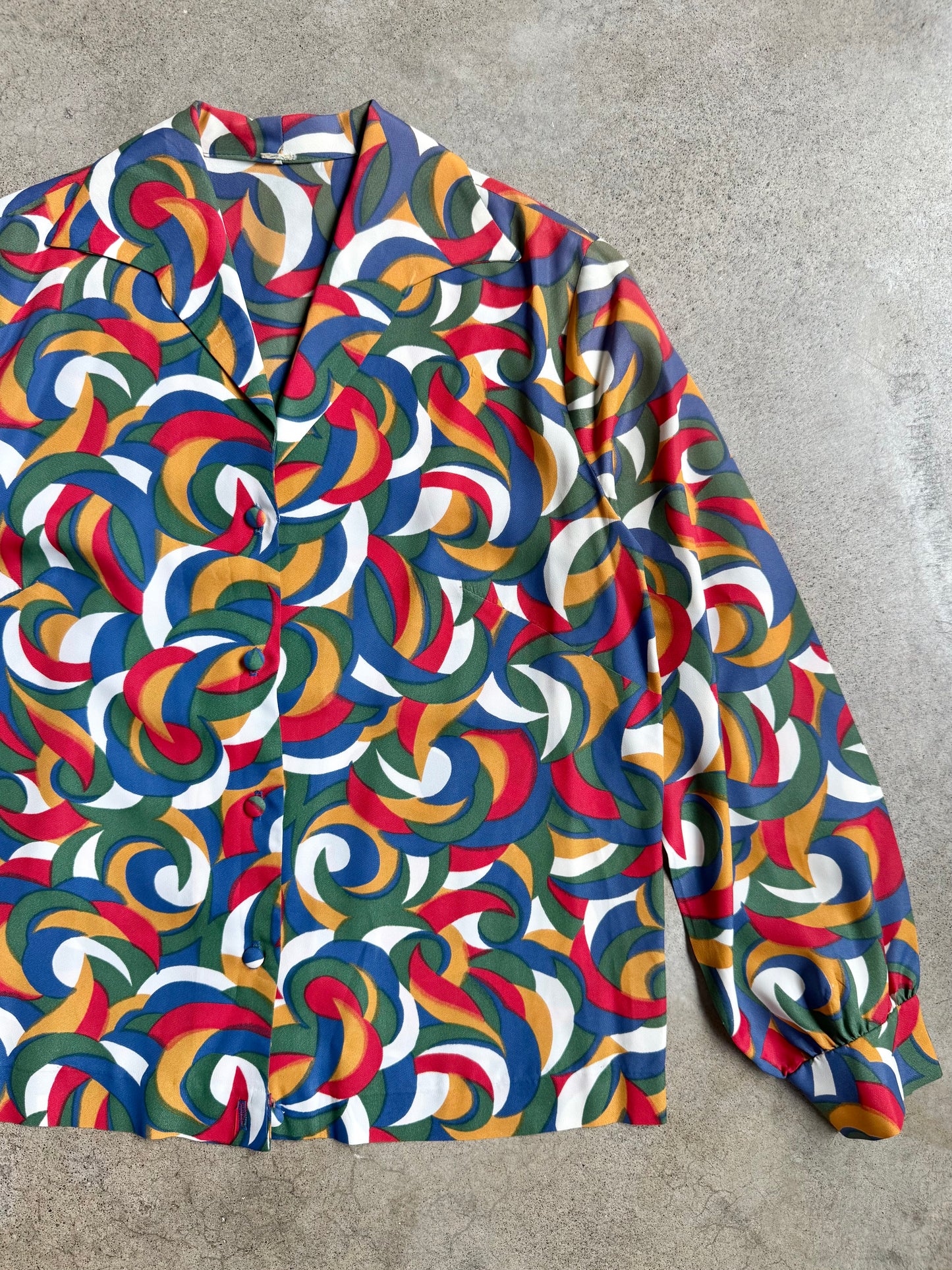 Vintage 1970s Multi-Color Abstract Swirl Printed Blouse | M/L