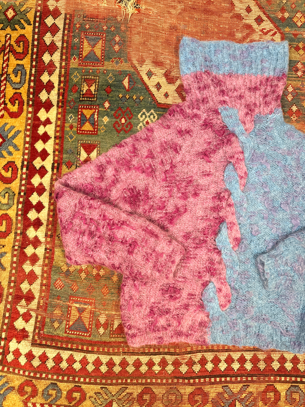 Vintage Handmade Blue & Magenta Brushed Alpaca Knit Turtleneck Sweater