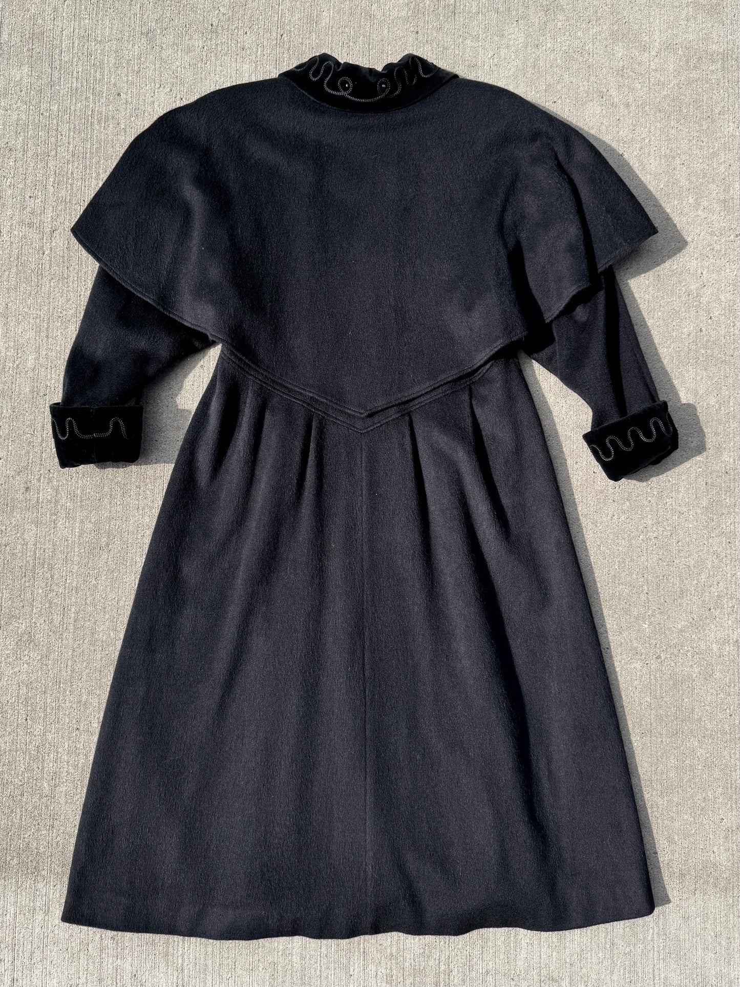 Vintage 1980s Forstmann Black Wool Edwardian-Style Overcoat | Medium