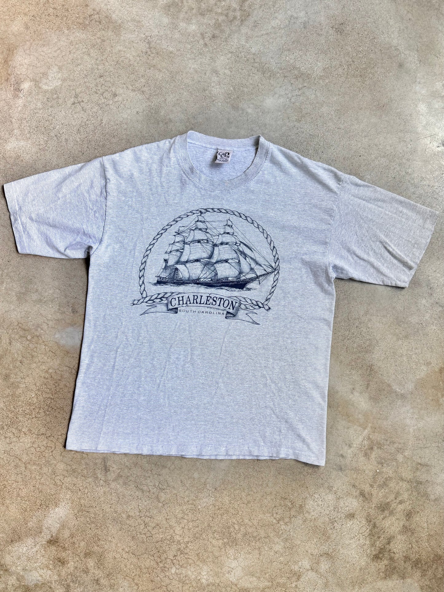 Vintage 1990 Cal Cru Striped Charleston Sailing Tee | Large