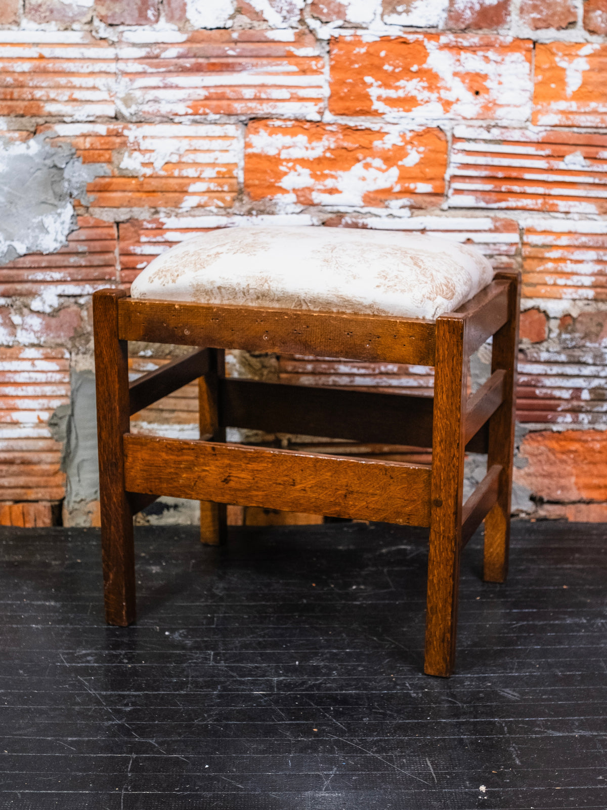 Antique Mission-Style Wood Toile Pattern Upholstered Footstool