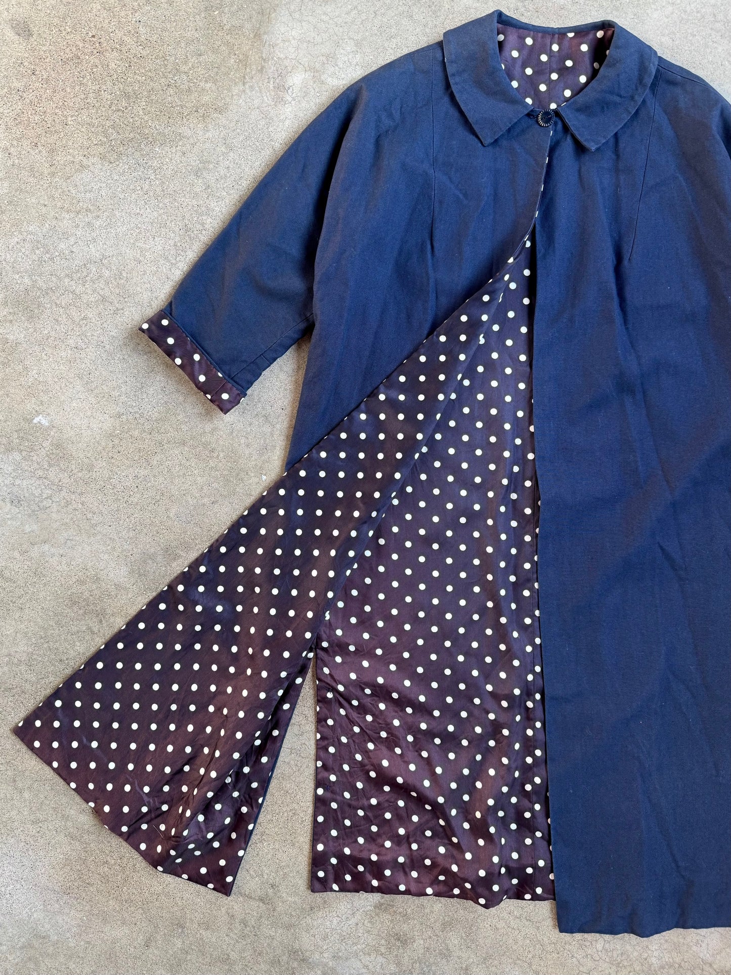 Vintage 1950s Handmade Navy Blue Polka Dot Lined Swing Coat | Small