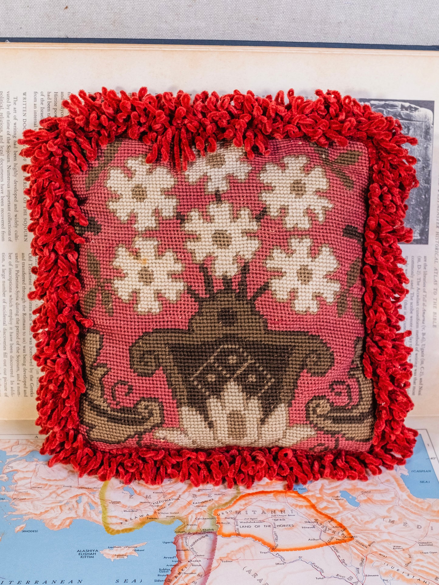 Vintage French-Style Floral Needlepoint Chenille Loop Fringe Mini Throw Pillow