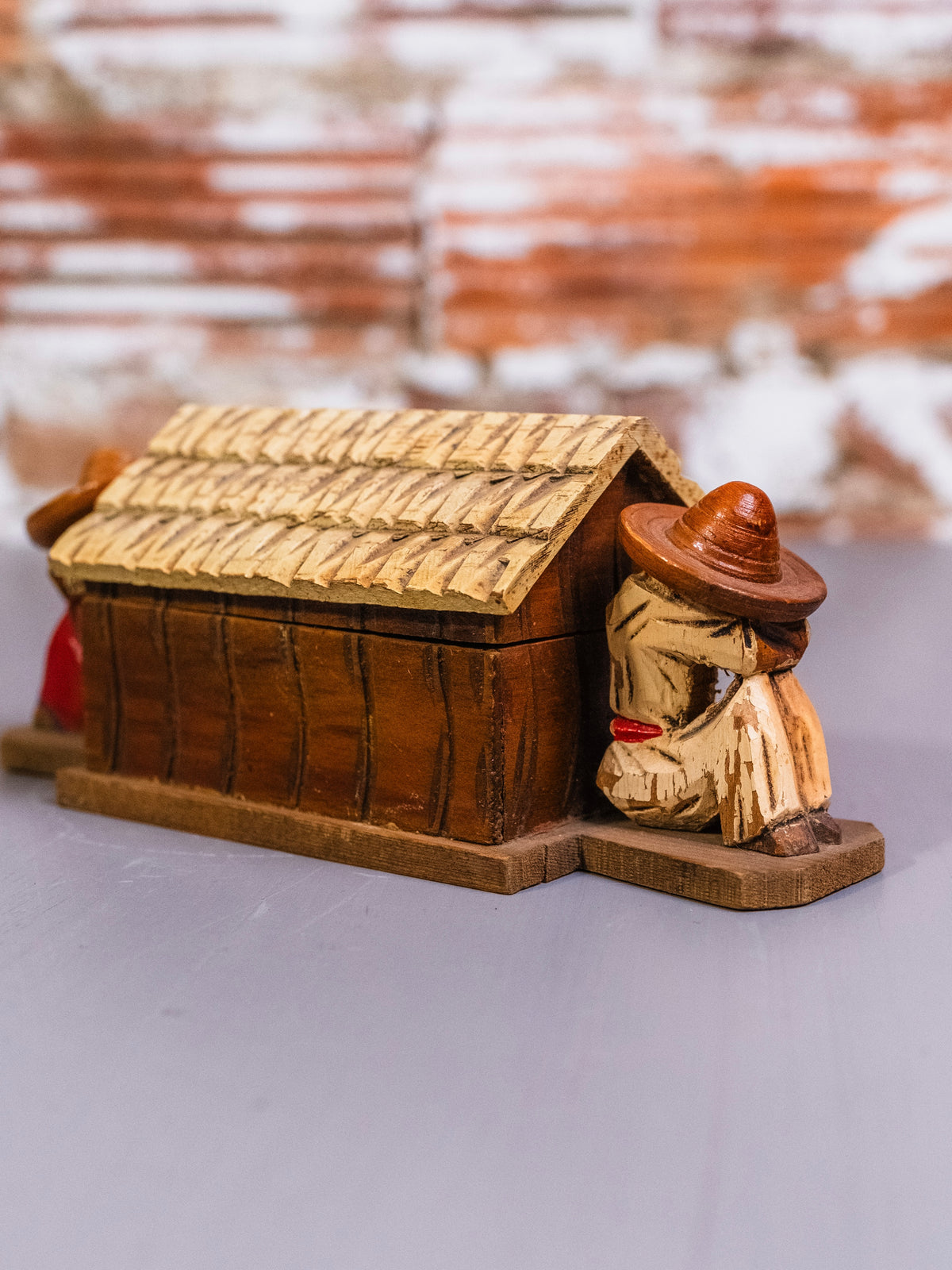 Vintage 1960s Wood Carved House & Sleeping Couple Trinket Box