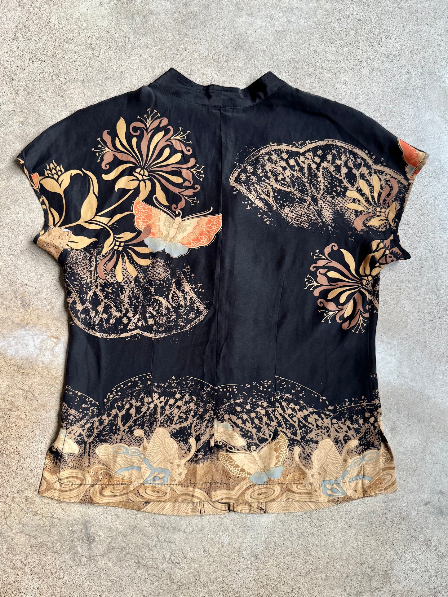Vintage 1990s Citron Santa Monica Asian-Style Printed 100% Silk Blouse | Small