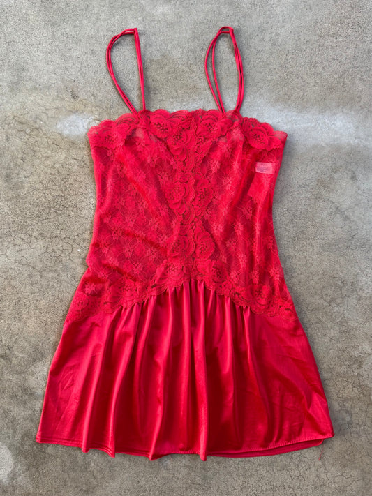 Vintage 1980s Lorraine Red Lace Lingerie Slip | Small