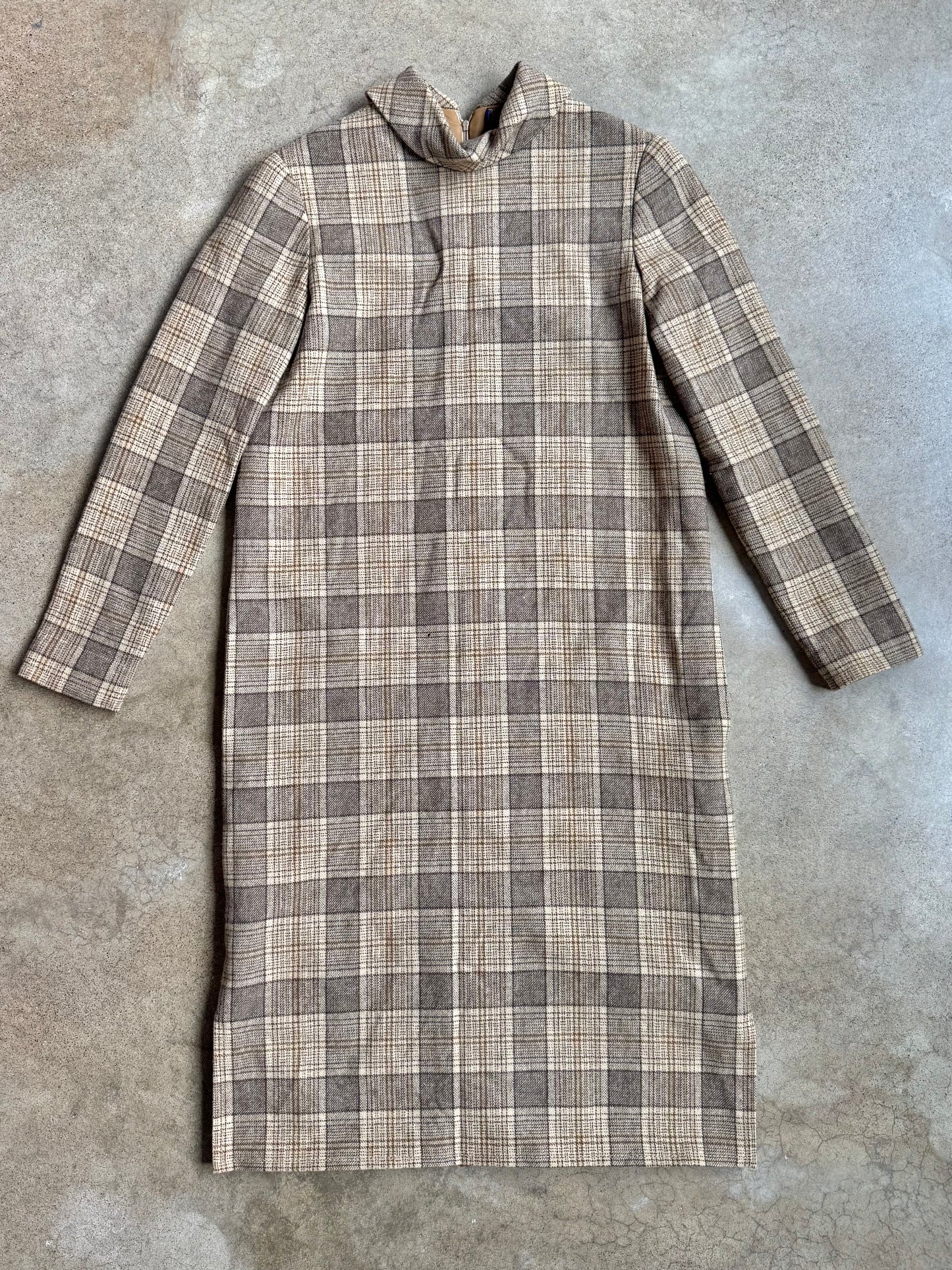 Vintage 1960s Pendleton Brown-Tone Plaid Wool High-Neck Belted Dress | Small
