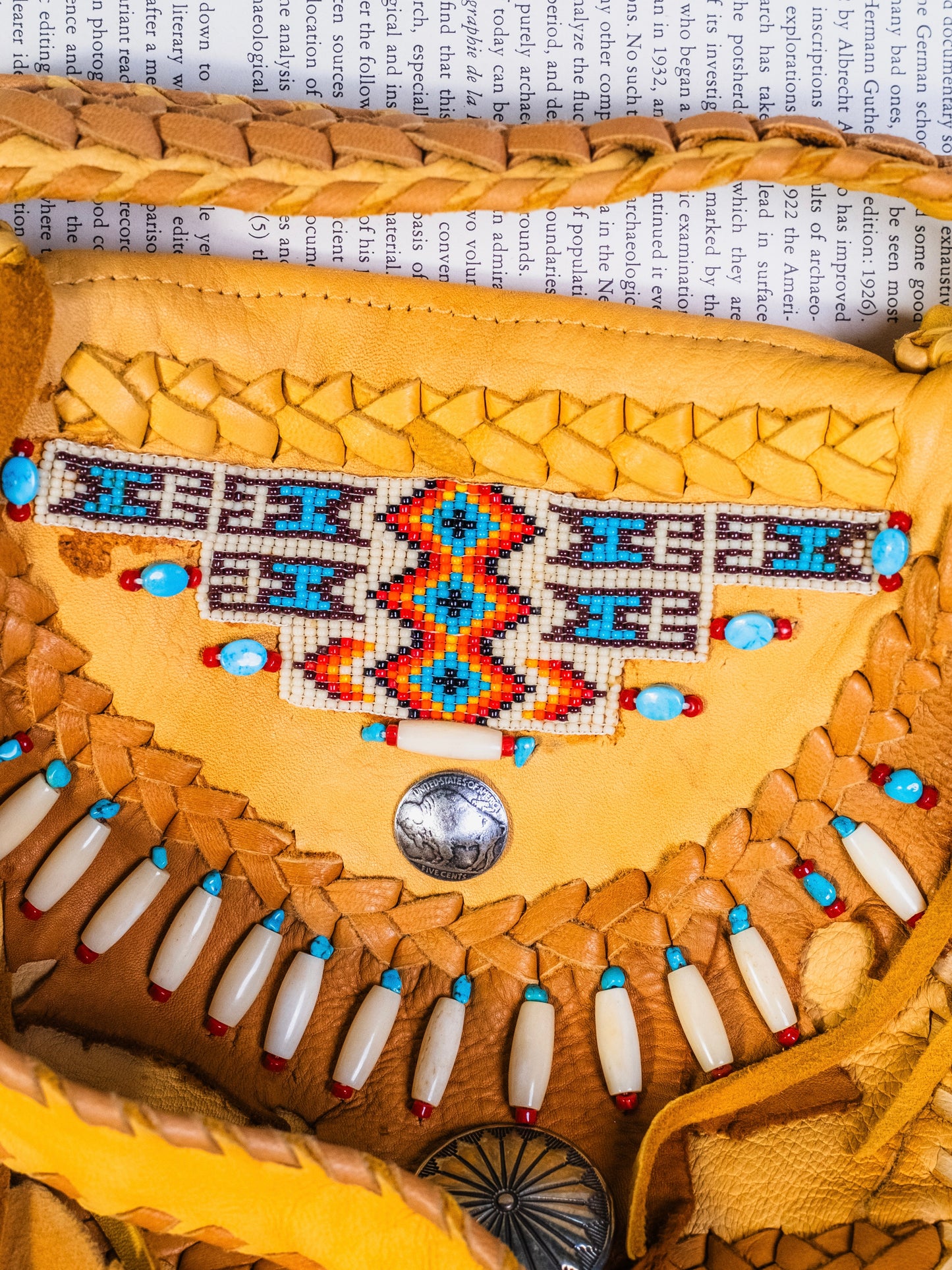 Vintage 1980s Handmade Native American Beaded Deerskin Fringe Satchel Bag