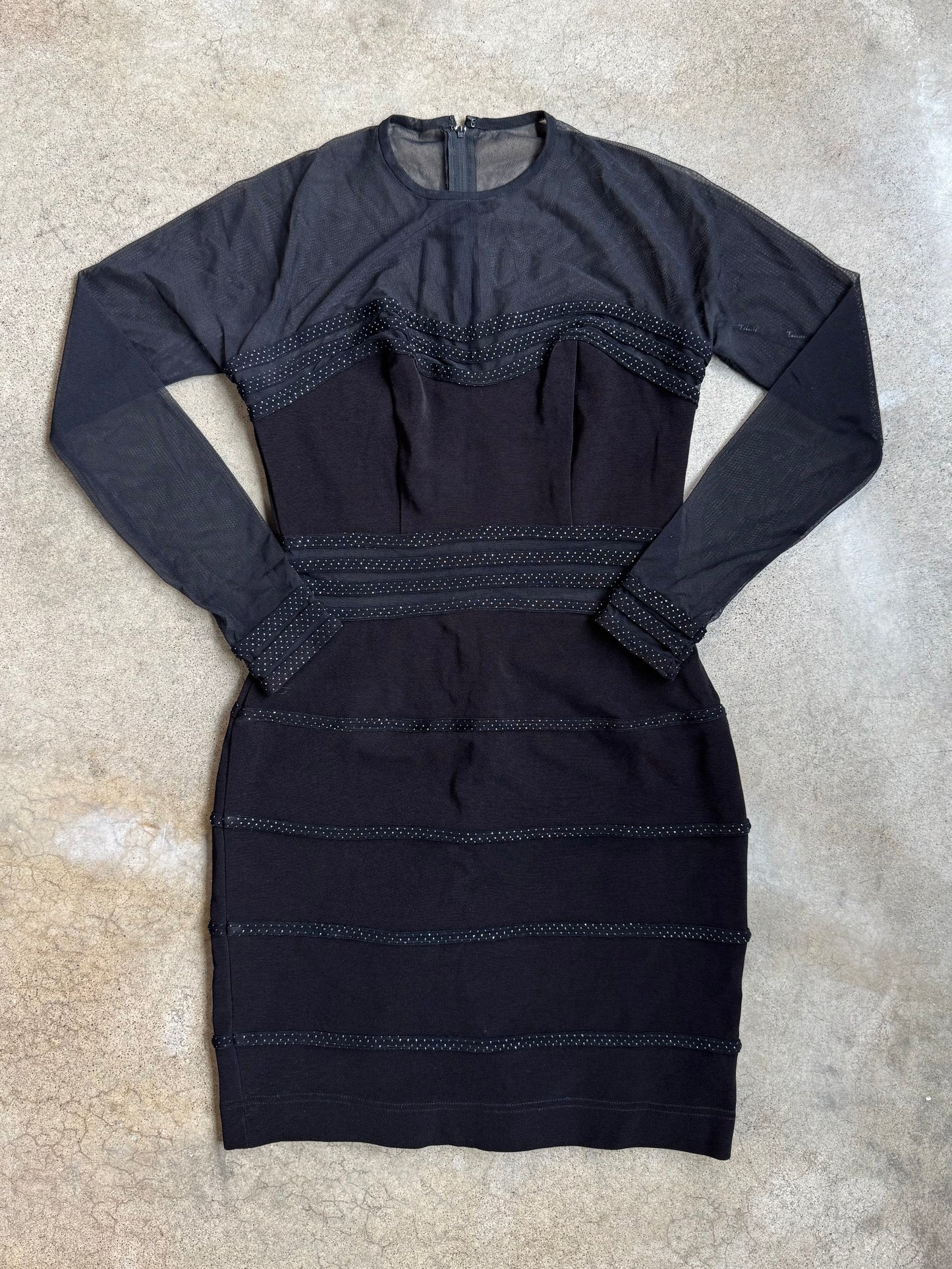 Vintage 1990s Tadashi Black Mesh Long Sleeve Bodycon Dress | Medium