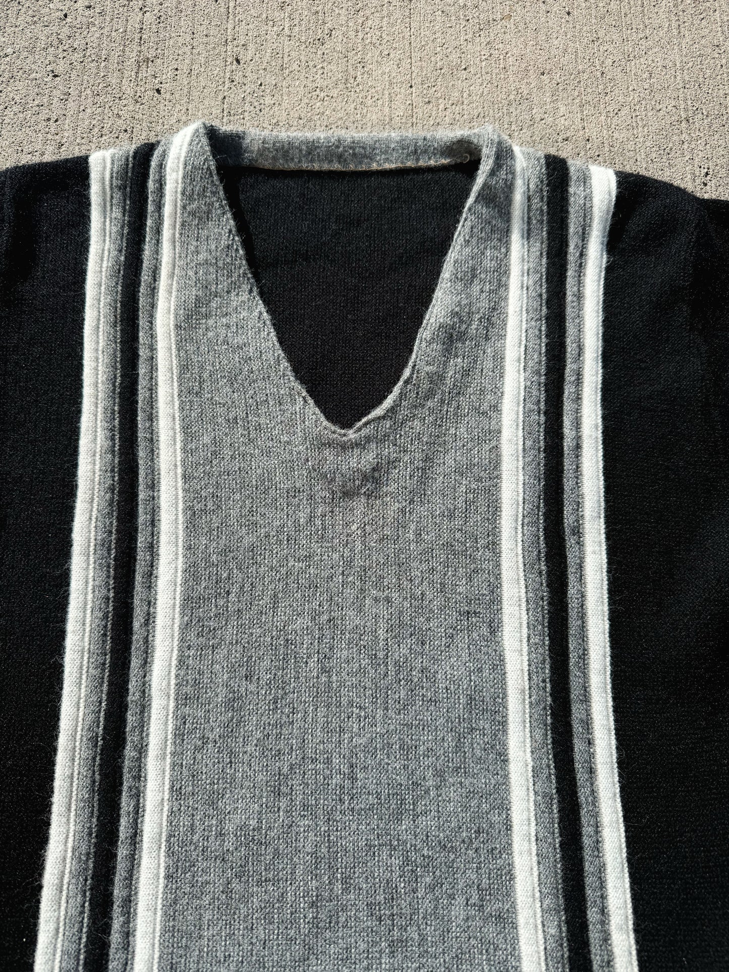 Vintage 1960s Black & Grey Striped V-Neck Wool Sweater | S/M