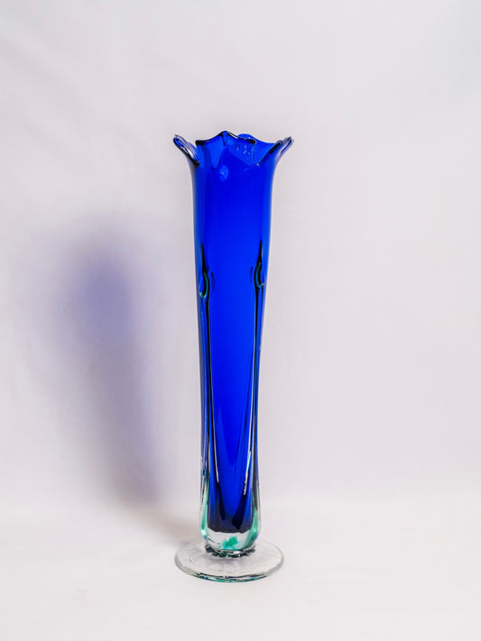 Vintage Signed Blue & Green Handblown Glass Murano-Style Flower Vase