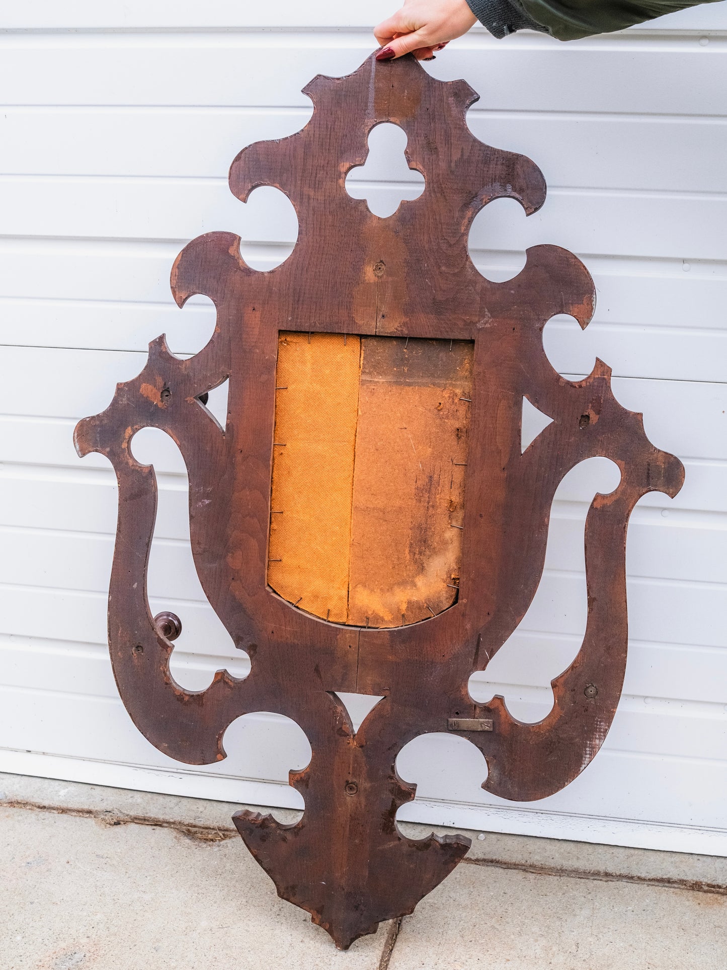 Antique 1800s Victorian Gothic Revival Walnut Hanging Mirror Hat Rack