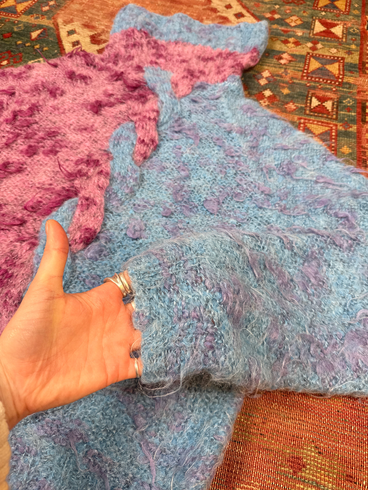 Vintage Handmade Blue & Magenta Brushed Alpaca Knit Turtleneck Sweater