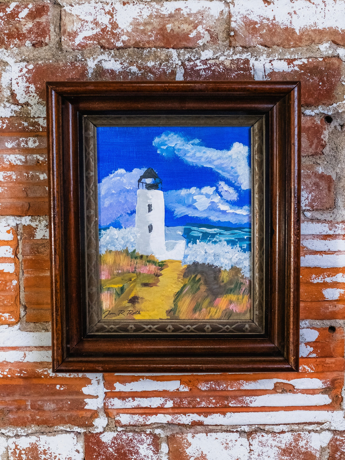 Vintage Framed Lighthouse Landscape Acrylic Painting | Signed