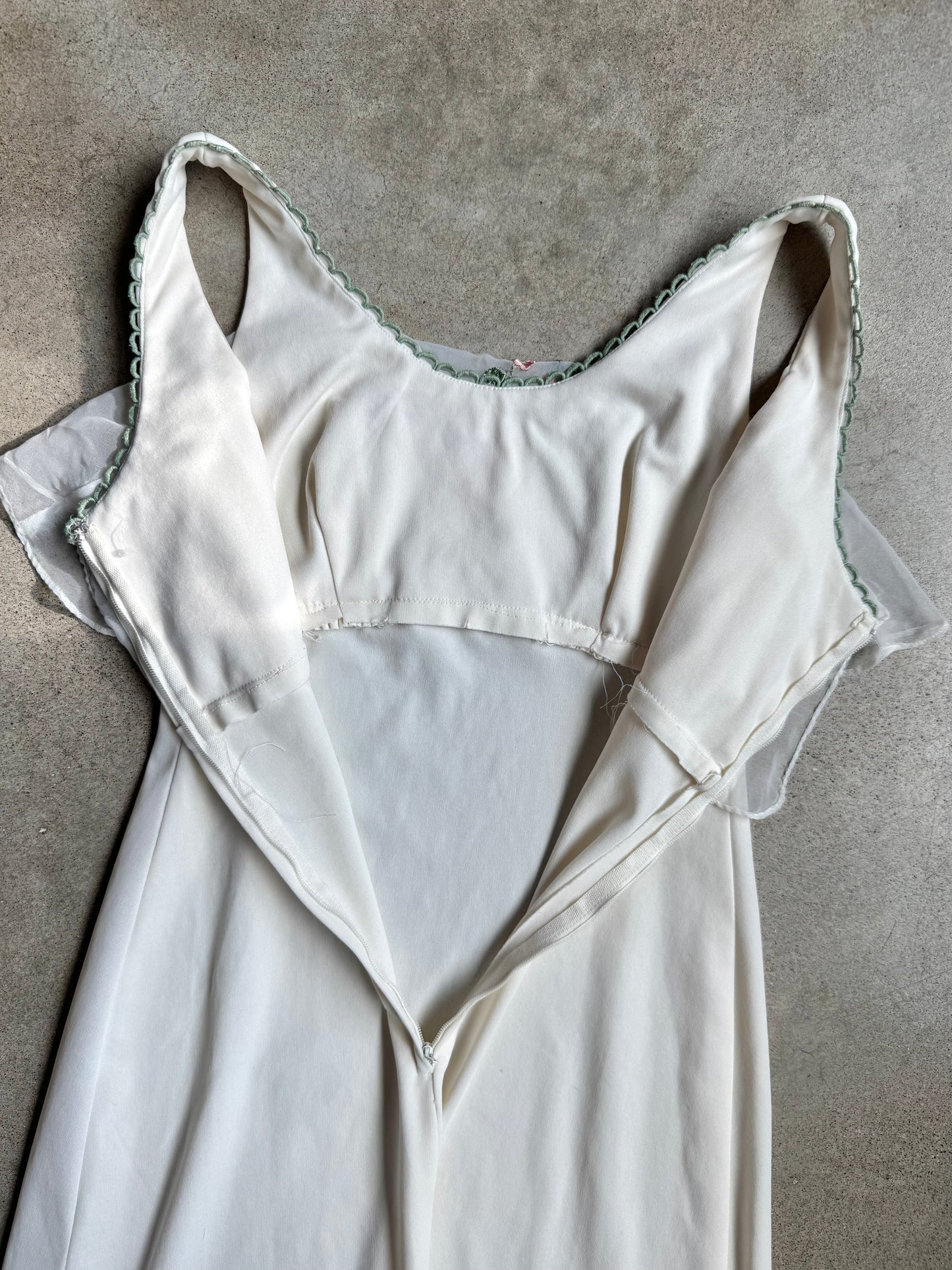 Vintage 1970s Handmade Cream Floral Embroidered Maxi Dress | Small