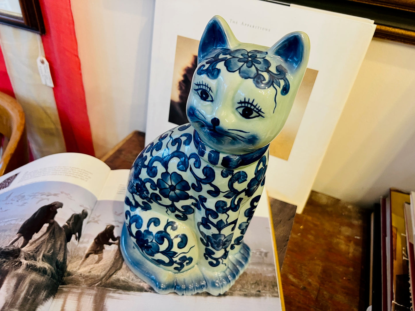 Vintage Blue Ceramic Asian Cat Statue