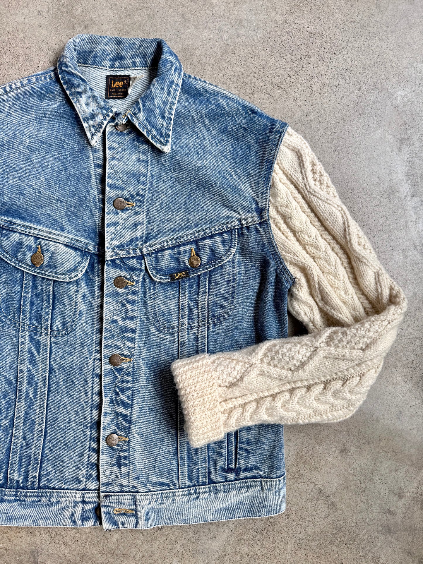 Vintage 1980s Lee Cable Knit Sleeve Denim Jacket | Medium