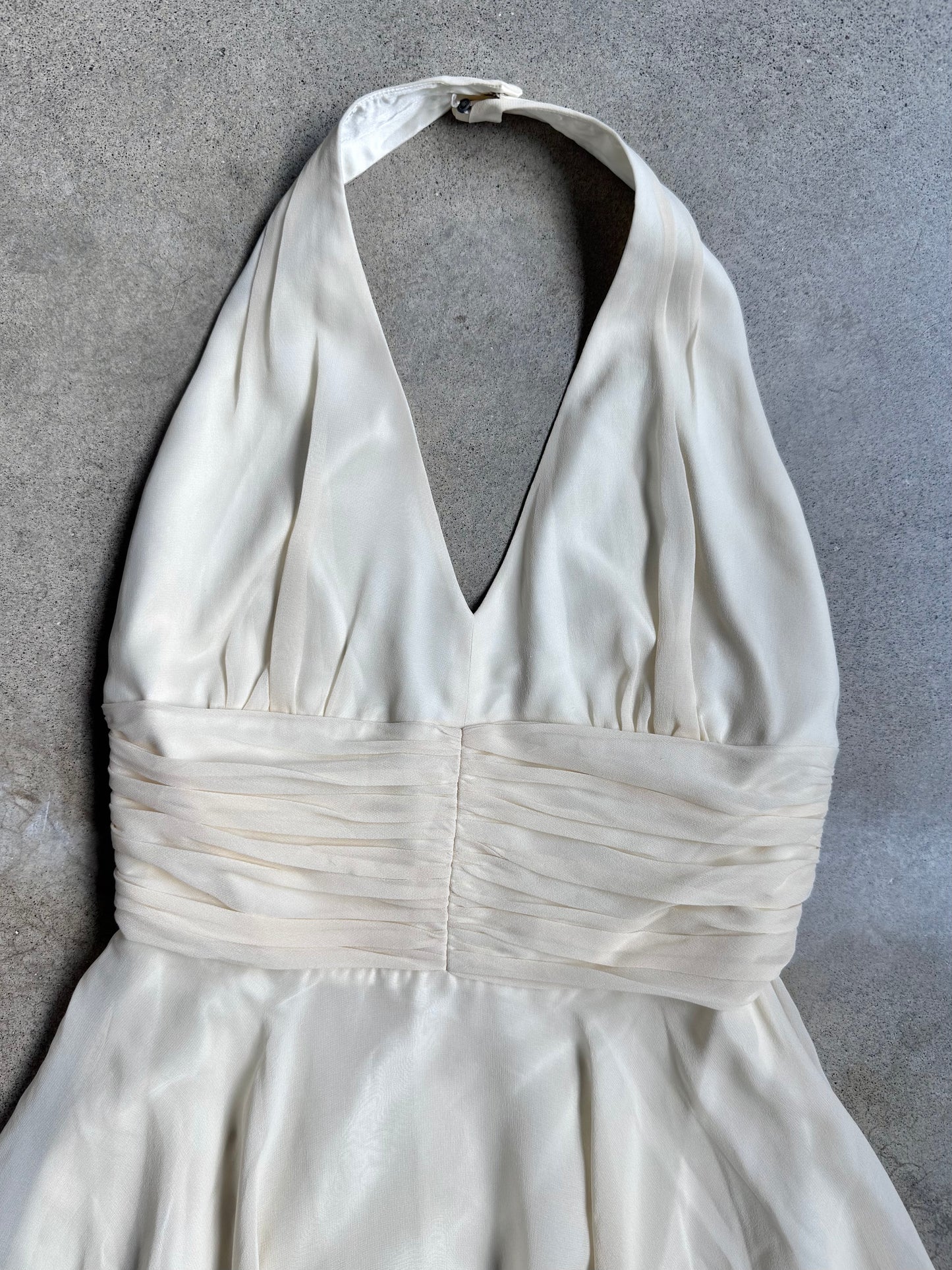 Vintage 2000s Issue Cream Silk Chiffon Halter Dress | Small