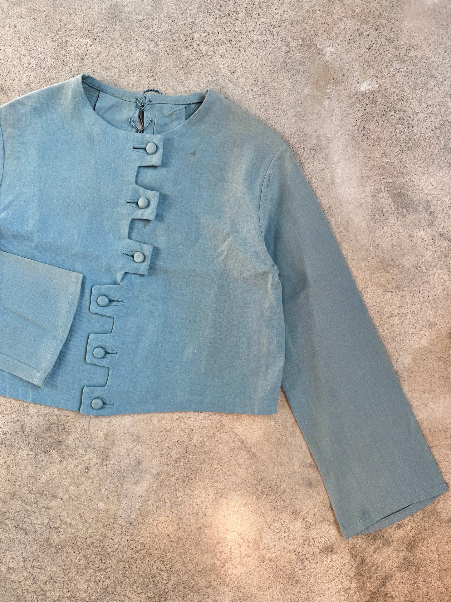 Vintage 1930s Handmade Blue Wool-Blend Zig-Zag Button Long Sleeve Top | S/M