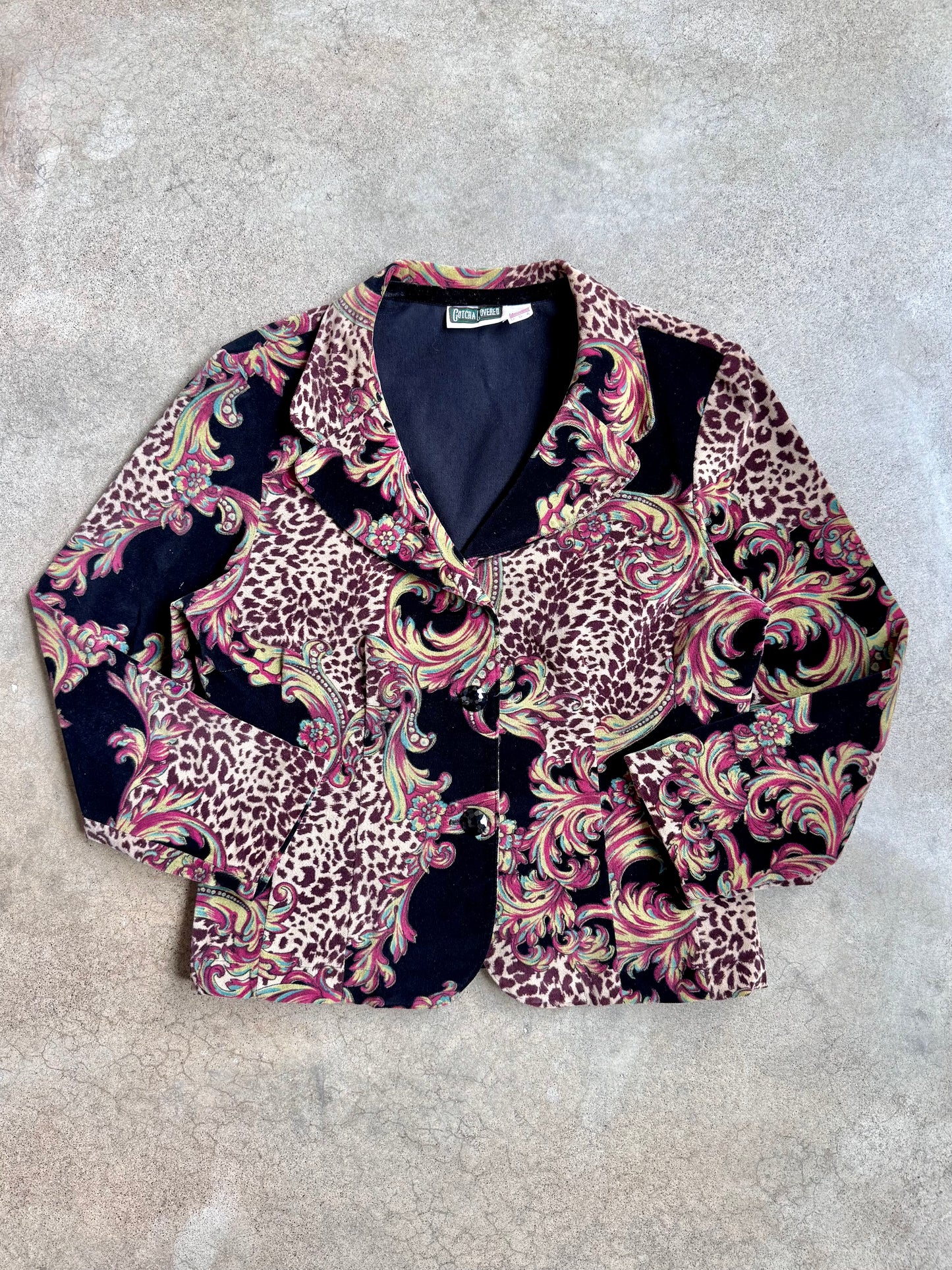 Vintage 1990s Gotcha Covered Paisley & Leopard Print Velvet Blazer | Large
