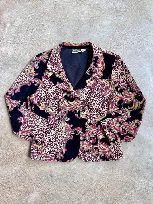 Vintage 1990s Gotcha Covered Paisley & Leopard Print Velvet Blazer | Large