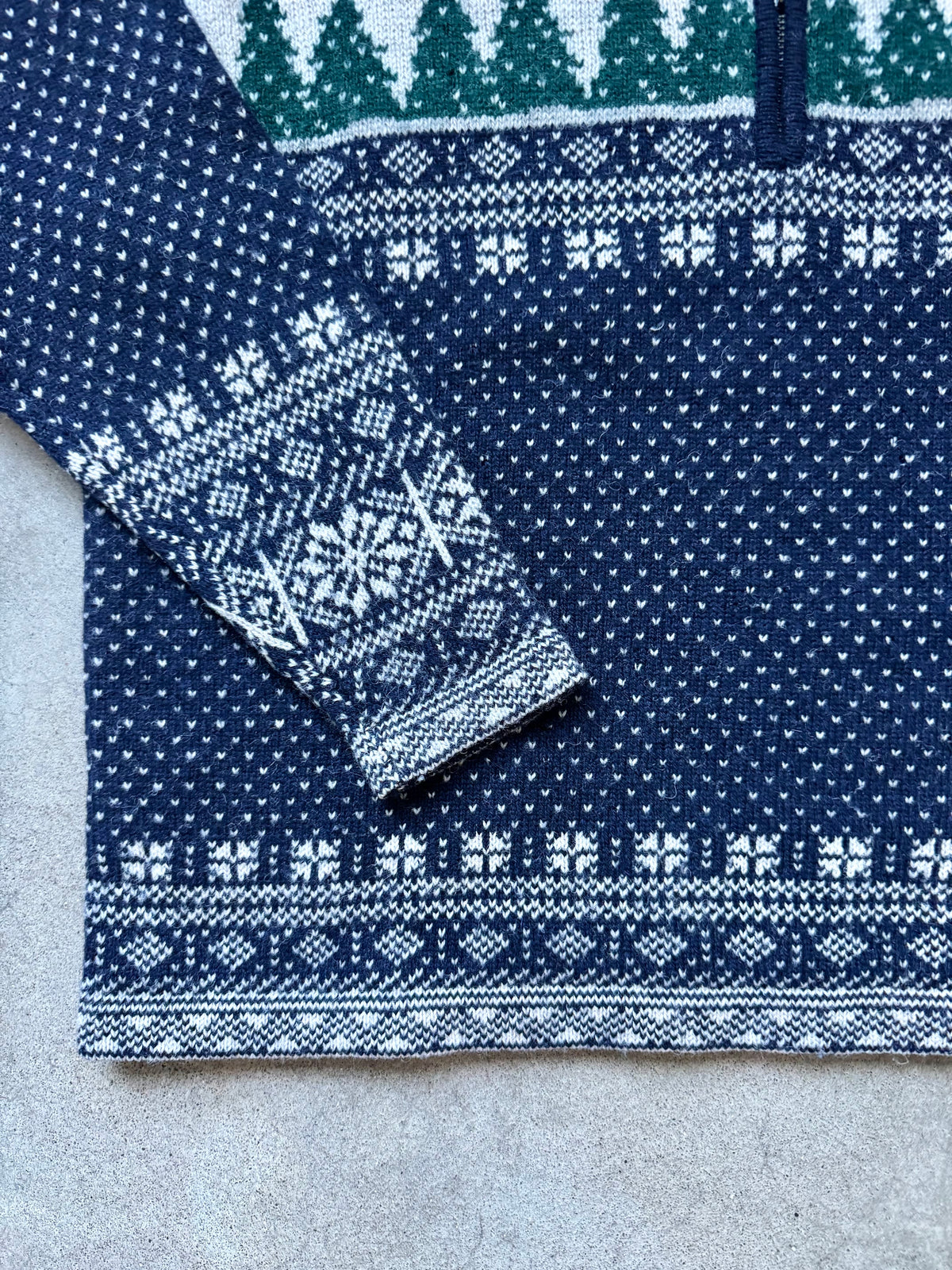 Vintage 1990s SKYR Winter Pine Tree Pattern Wool Knit Quarter-Zip Sweater | Medium
