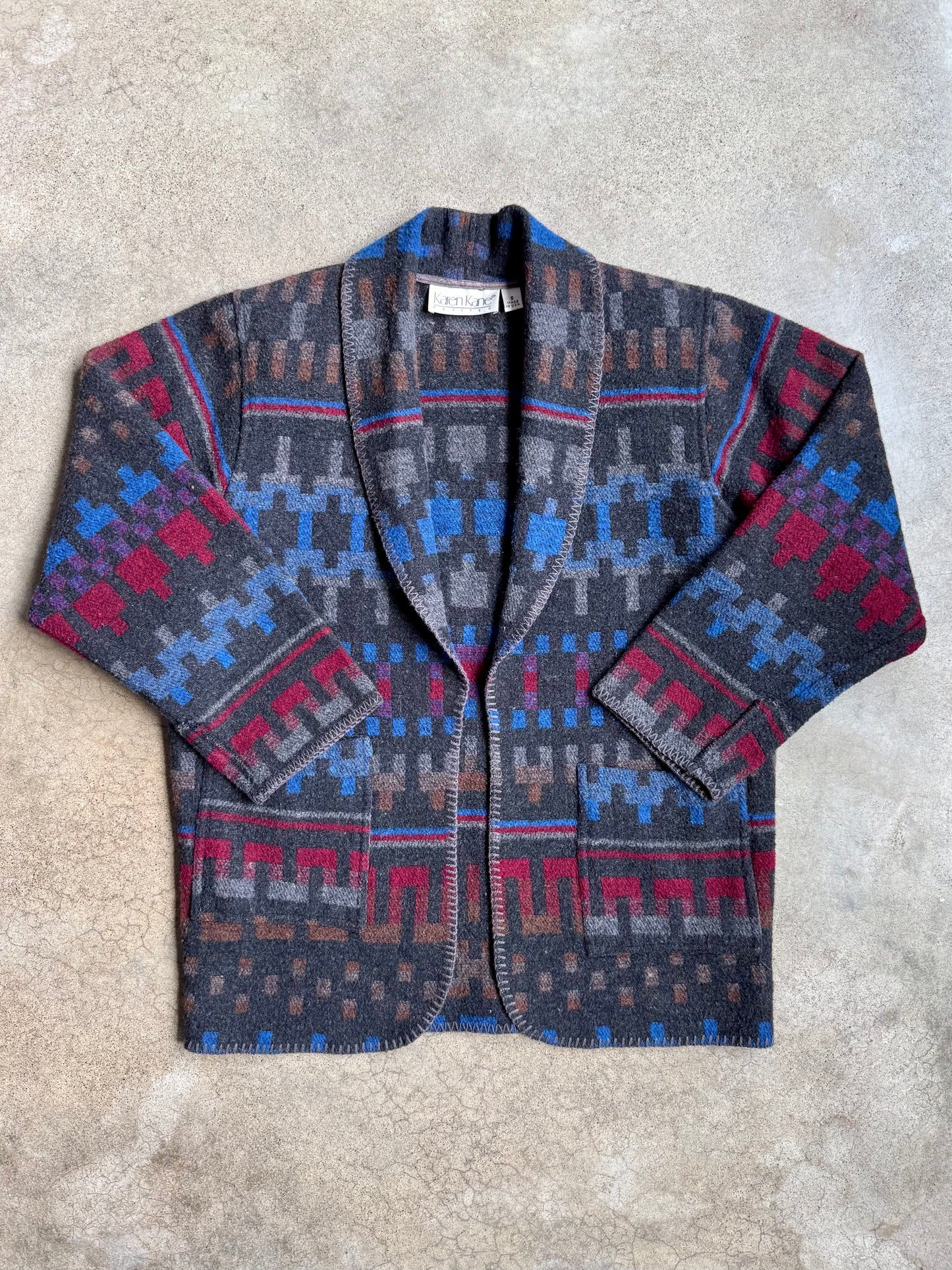Vintage 1990s Karen Kane Southwestern Pattern Wool-Blend Cardigan Jacket | Small
