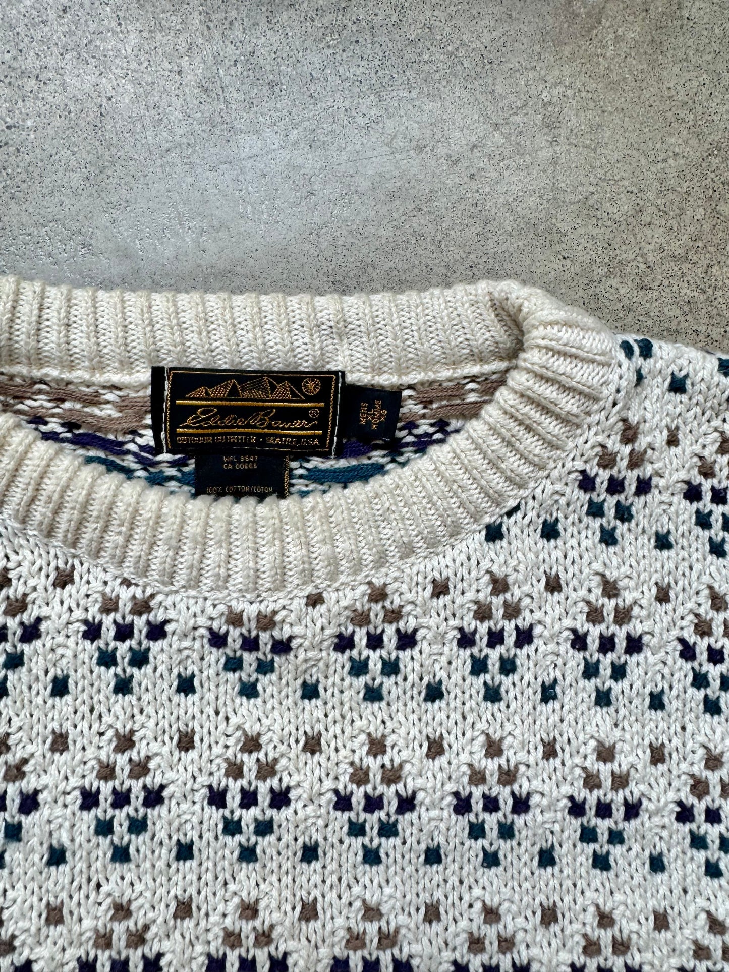 Vintage 1990s Eddie Bauer Cream Patterned Knit Cotton Crewneck Sweater | XL