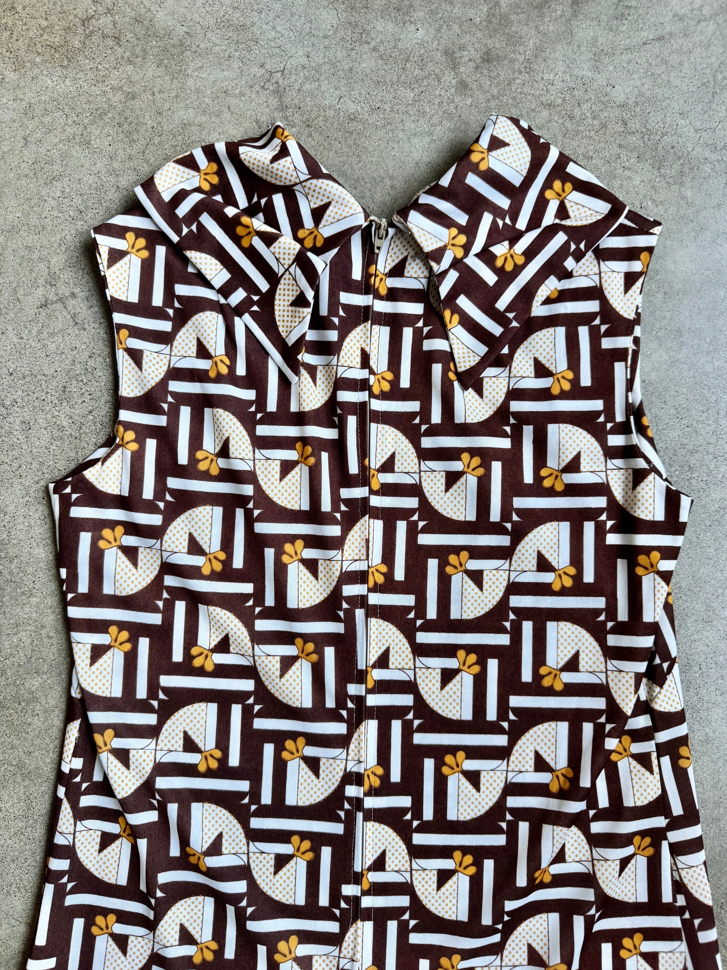 Vintage 1960s Handmade Brown & Yellow Geometric Floral Mod Dress | S/M