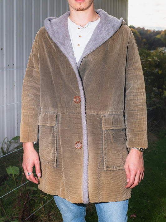 Vintage 1960s Sears Faux Fur Lined Corduroy Hooded Jacket | Medium