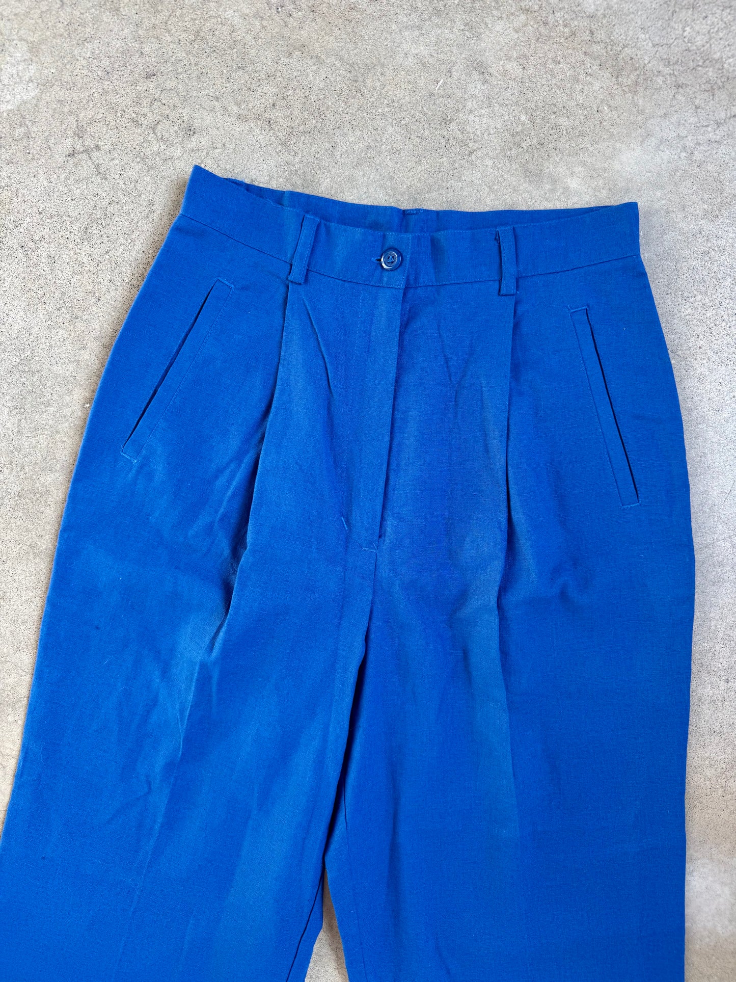 Vintage 1990s Adolfo Studio Cobalt Blue Linen & Cotton High-Waist Trousers | Waist 27”
