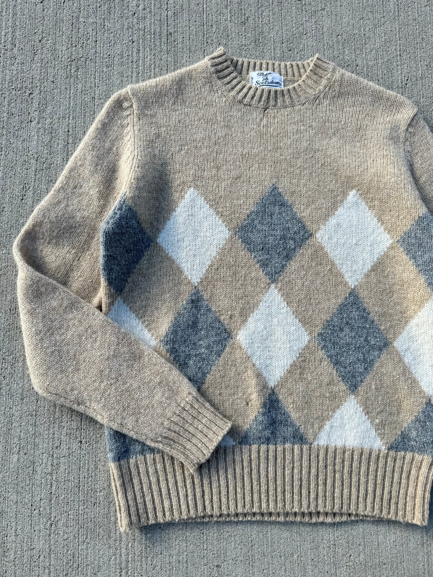 Vintage Scotsdoon Neutral Argyle Wool Sweater | S/M