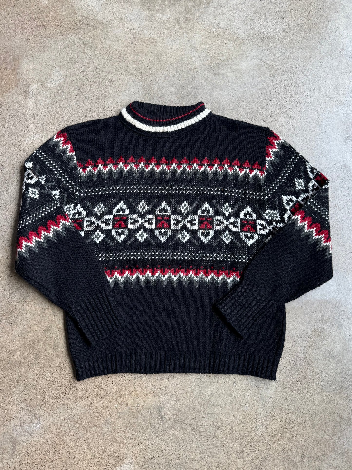 Vintage 1970s Black Fair Isle Mock Neck Sweater | Medium