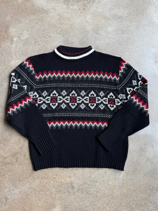 Vintage 1970s Black Fair Isle Mock Neck Sweater | Medium