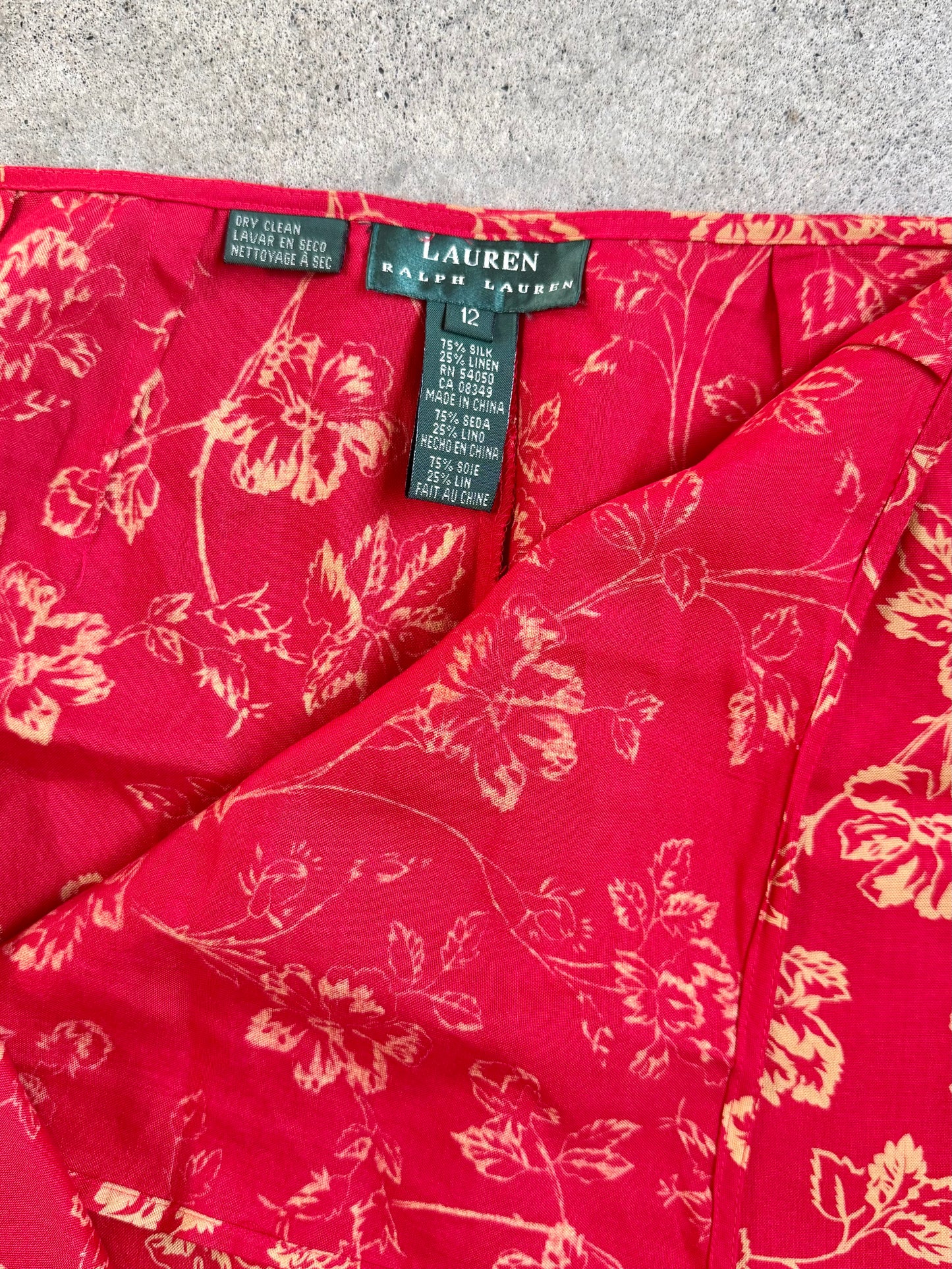 Vintage 1990s Lauren Ralph Lauren Red Floral Silk & Linen Wrap Skirt | Waist 31”
