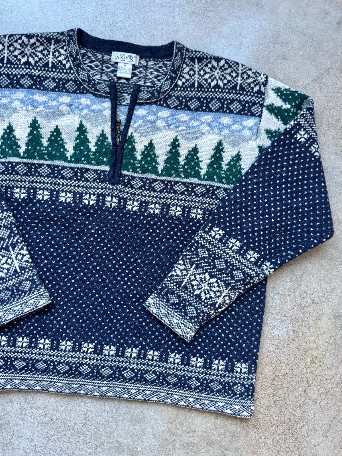 Vintage 1990s SKYR Winter Pine Tree Pattern Wool Knit Quarter-Zip Sweater | Medium