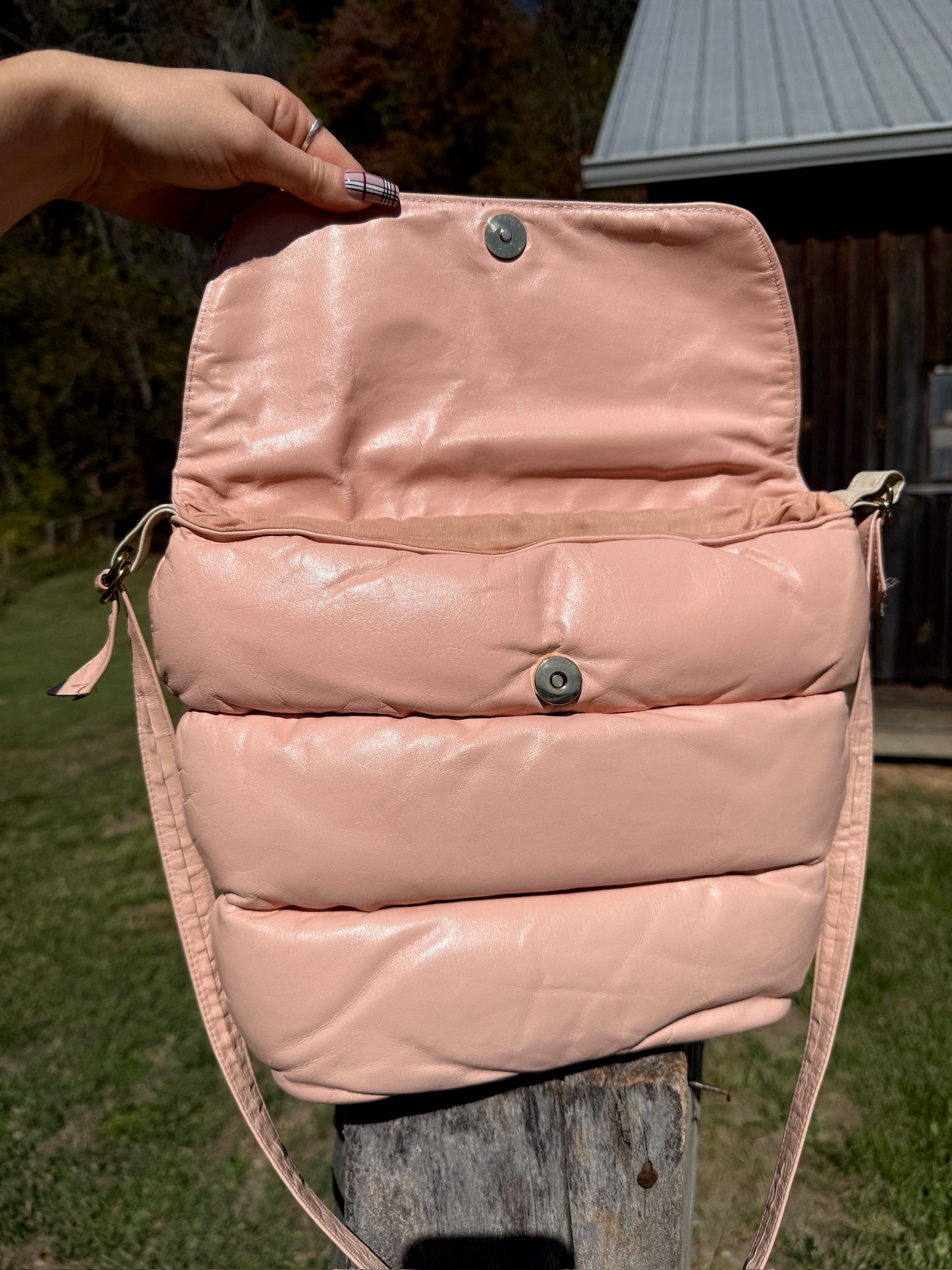 Vintage 1980s Karen NY Pink Quilted Puffer Crossbody Bag