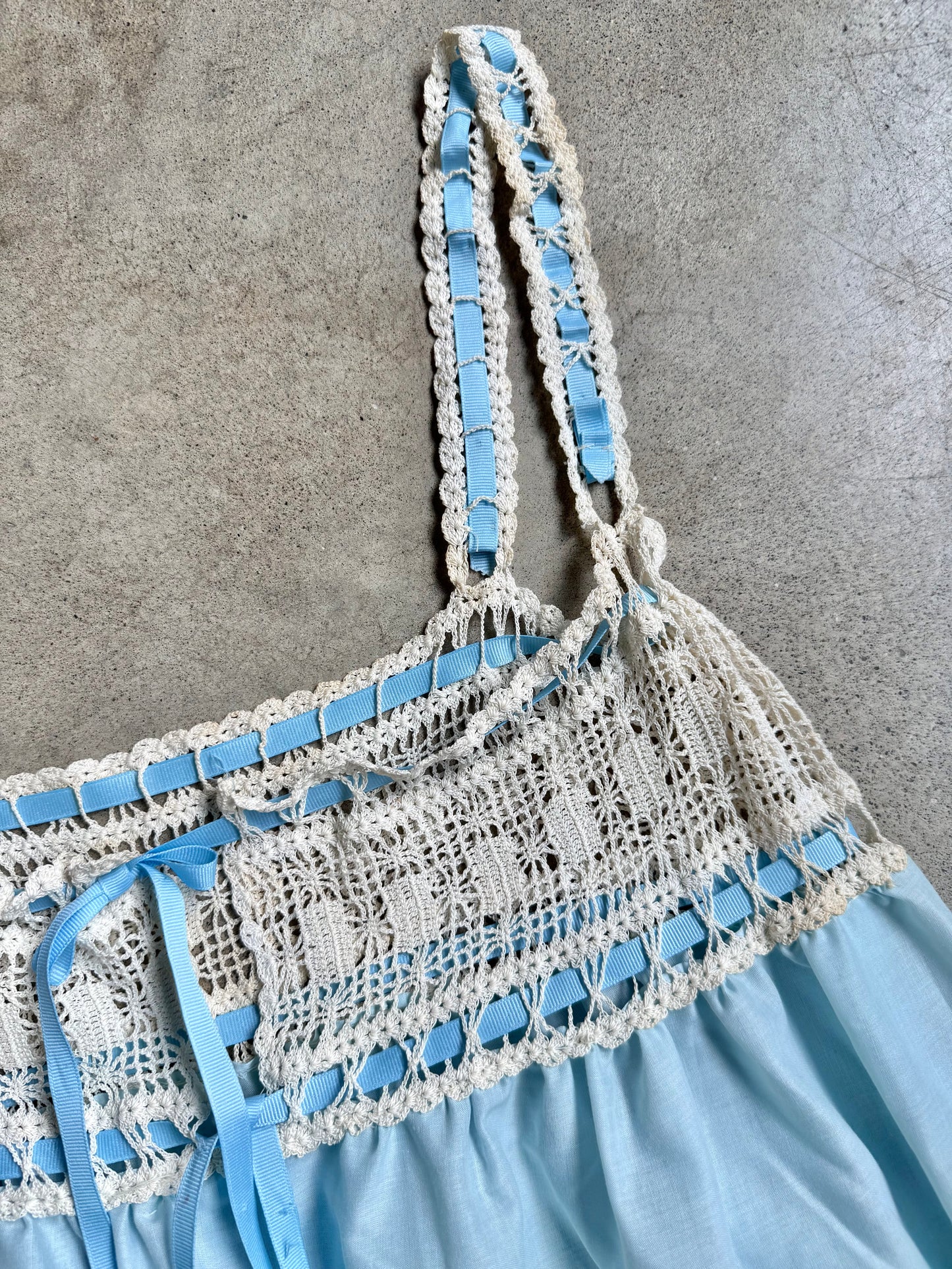 Vintage 1940s/50s Baby Blue Cotton Nightgown w/ Crochet Trim | Medium