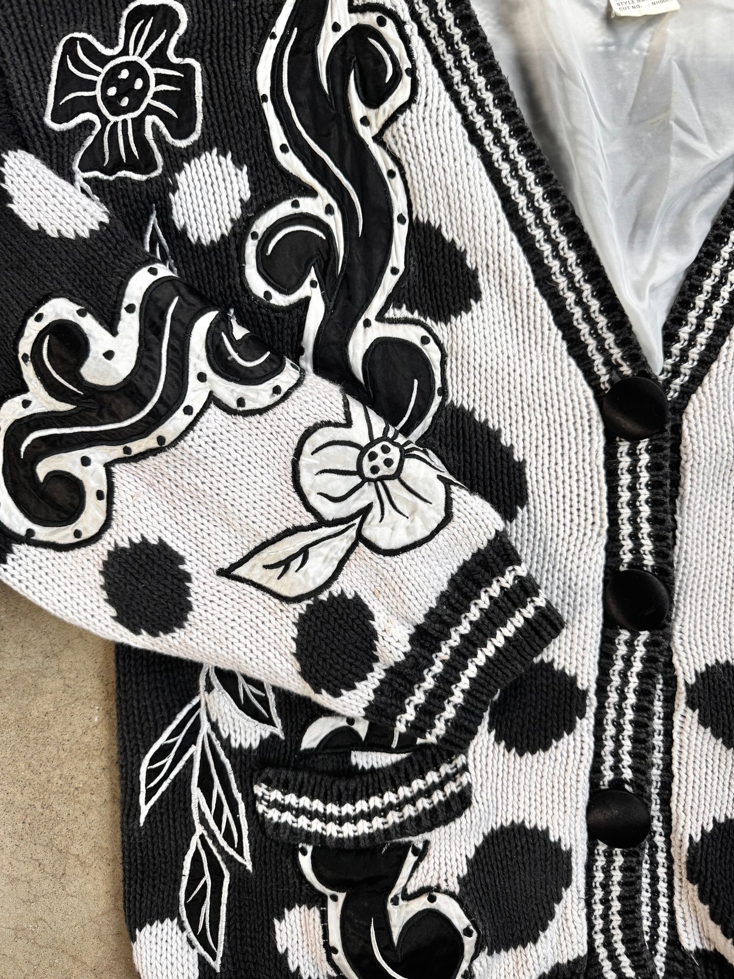 Vintage 1980s No! Jeans Black & White Floral Pattern Cardigan | One Size