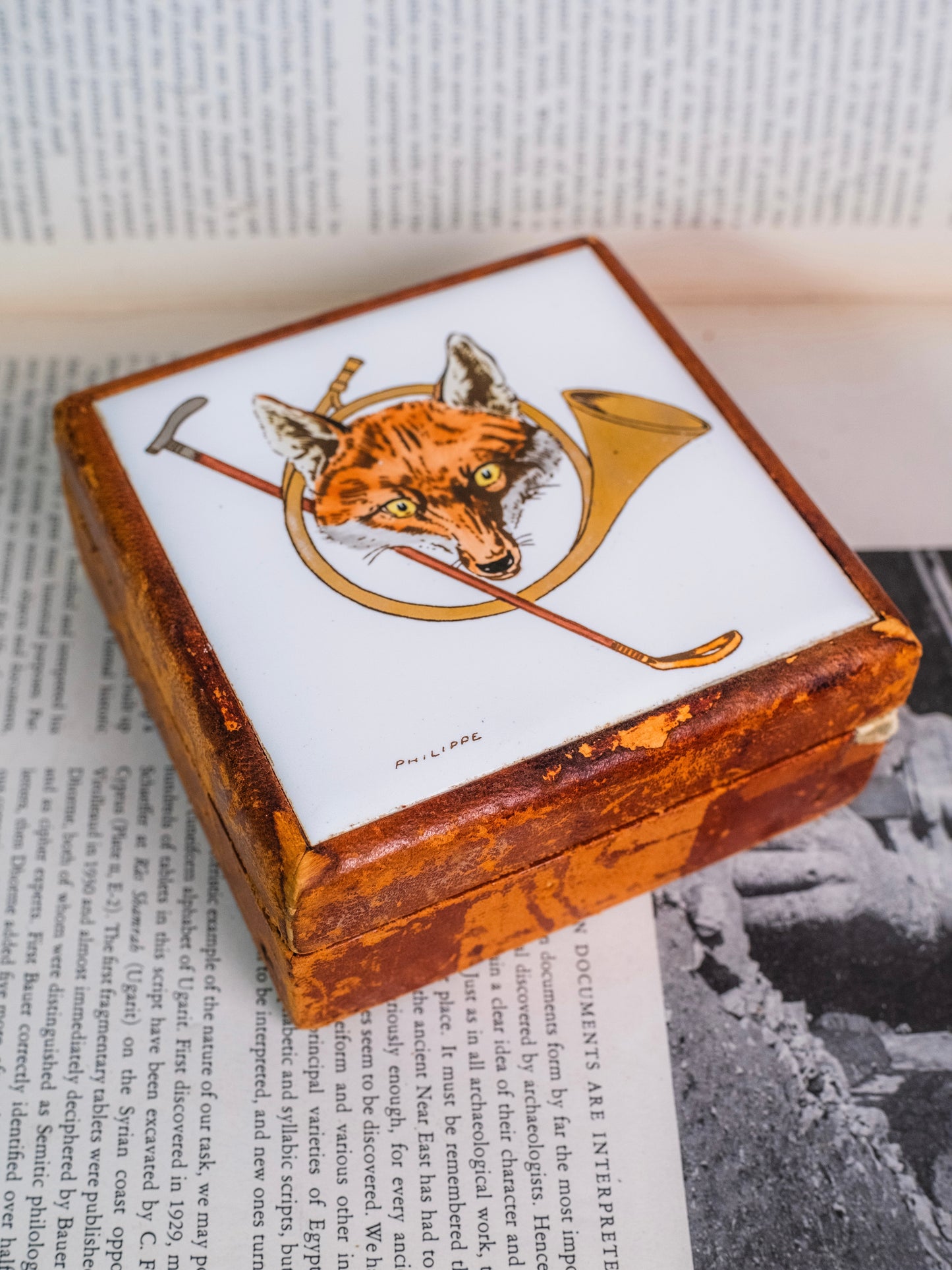 Antique 1900s Leather Philippe Signed "Fox & Trumpet" Tile Trinket Box