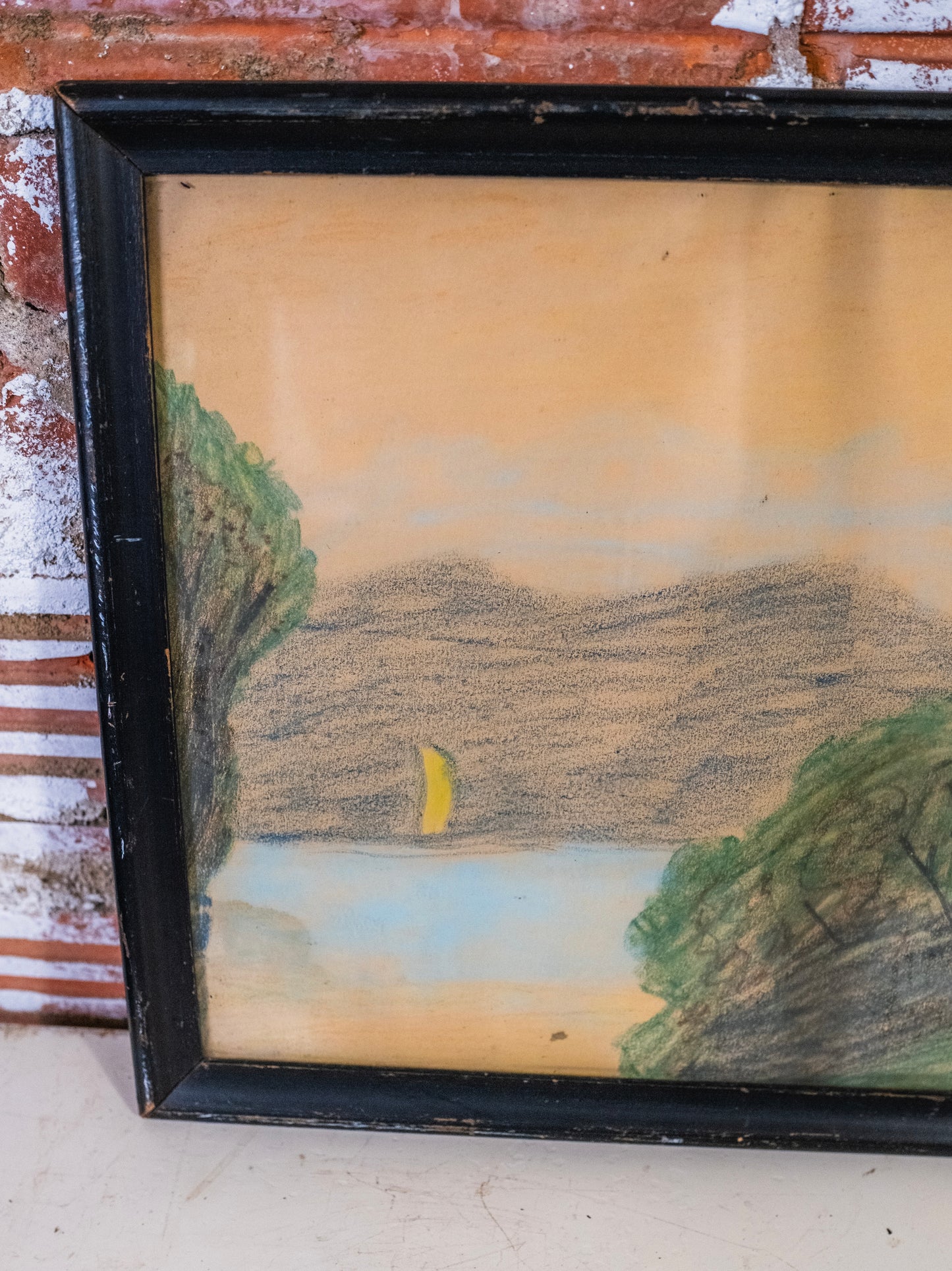 Vintage 1930s Framed Lighthouse Tower Oil Pastel Drawing