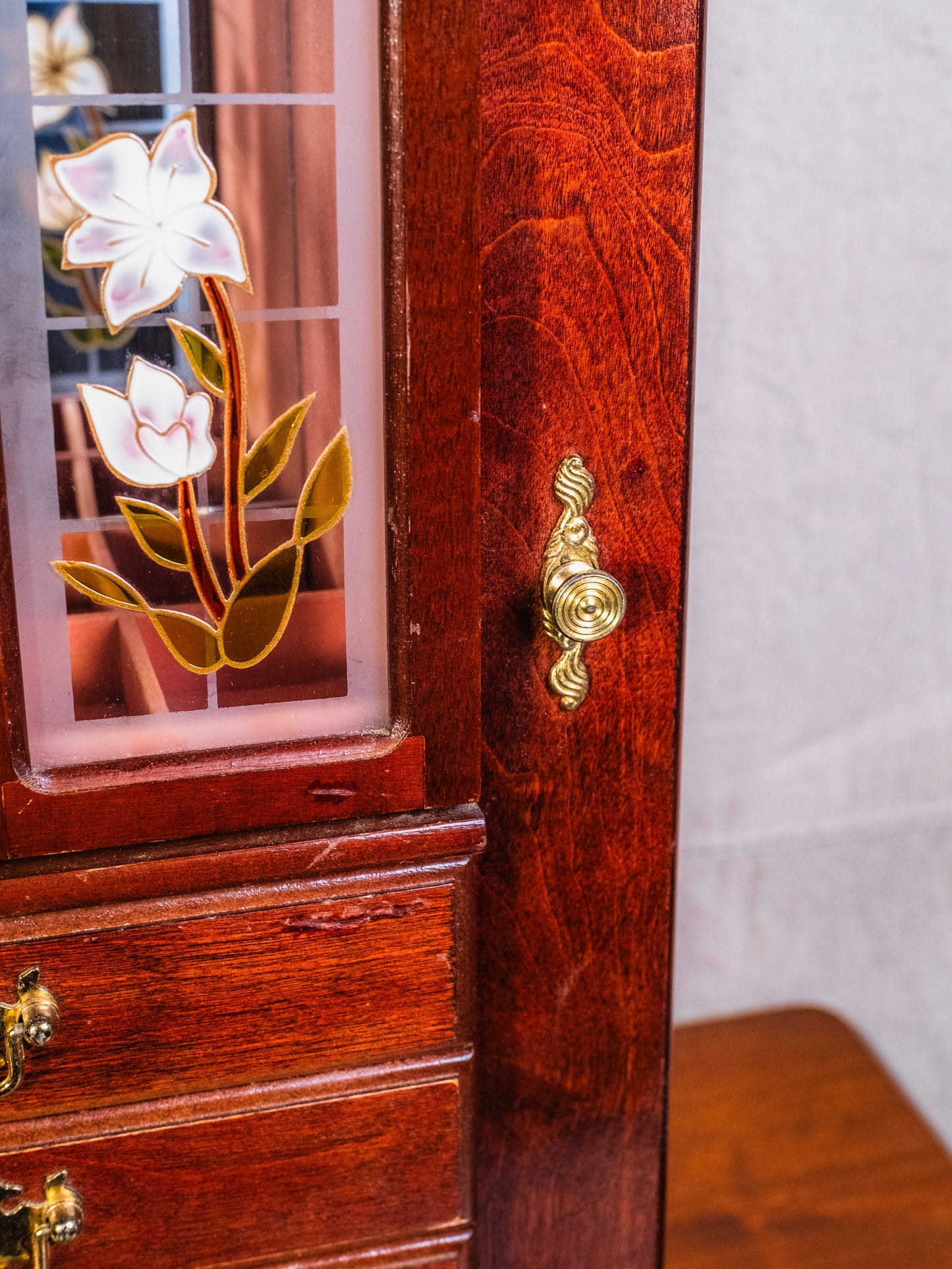Vintage Floral Glass Door Wooden Jewelry Armoire