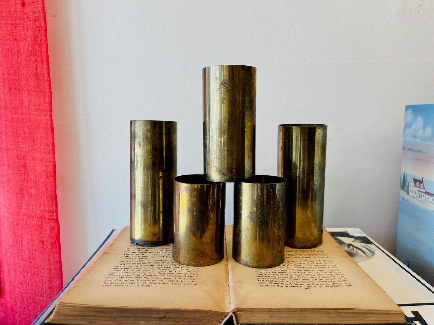 Vintage MCM 1950s Brass Cylinder Candle Holders | Set of 5