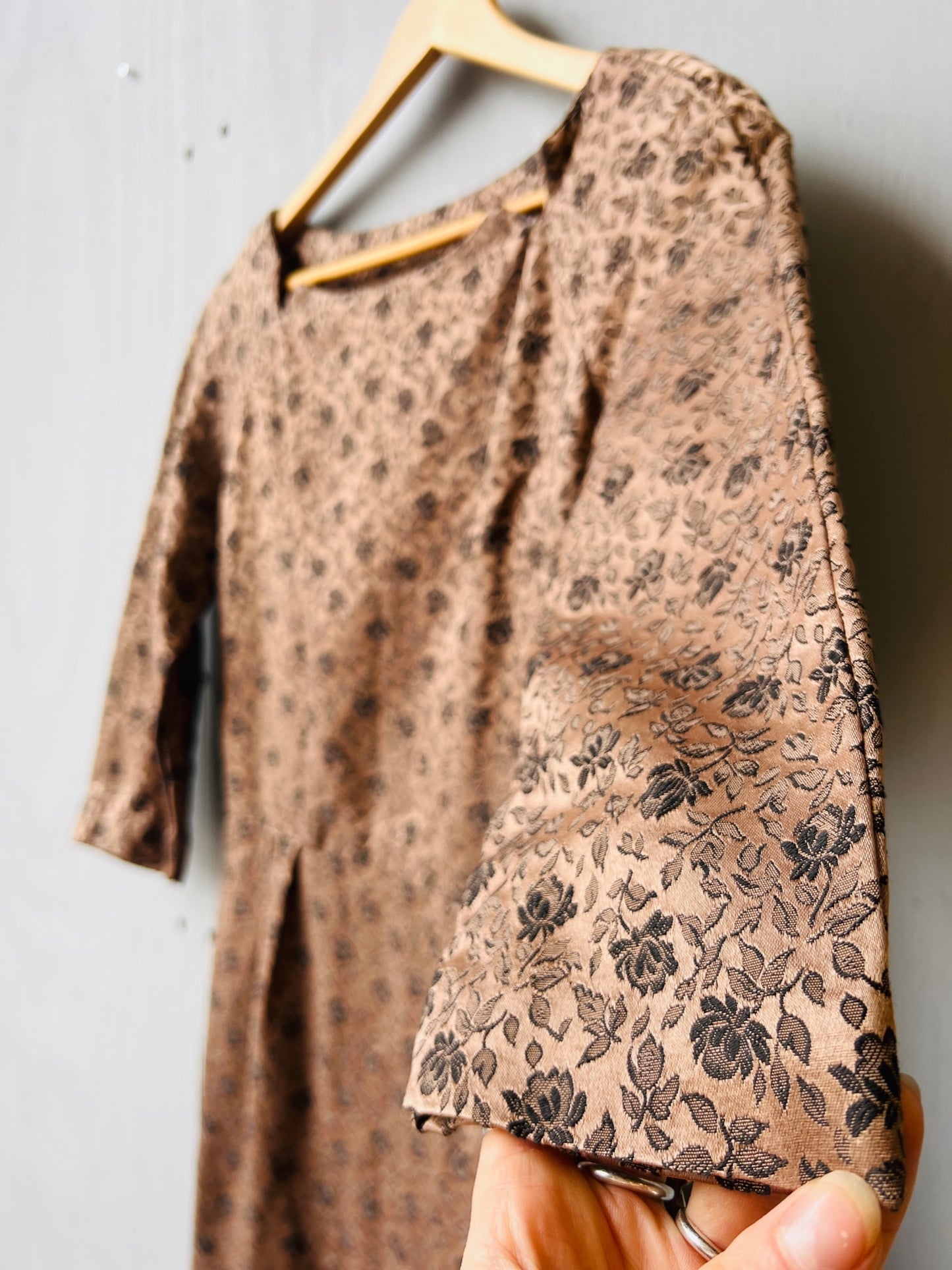 Vintage 1950’s Handmade Brown & Black Floral Scoop Neck Dress